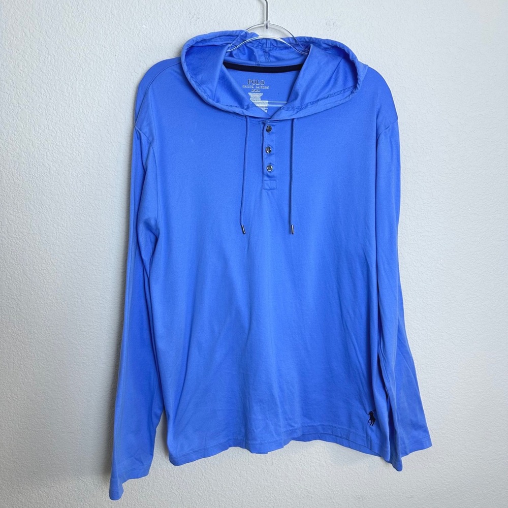 Polo Ralph Lauren Blue Mercerized Cotton Lounge Henley Hoodie Mens M Long Sleeve